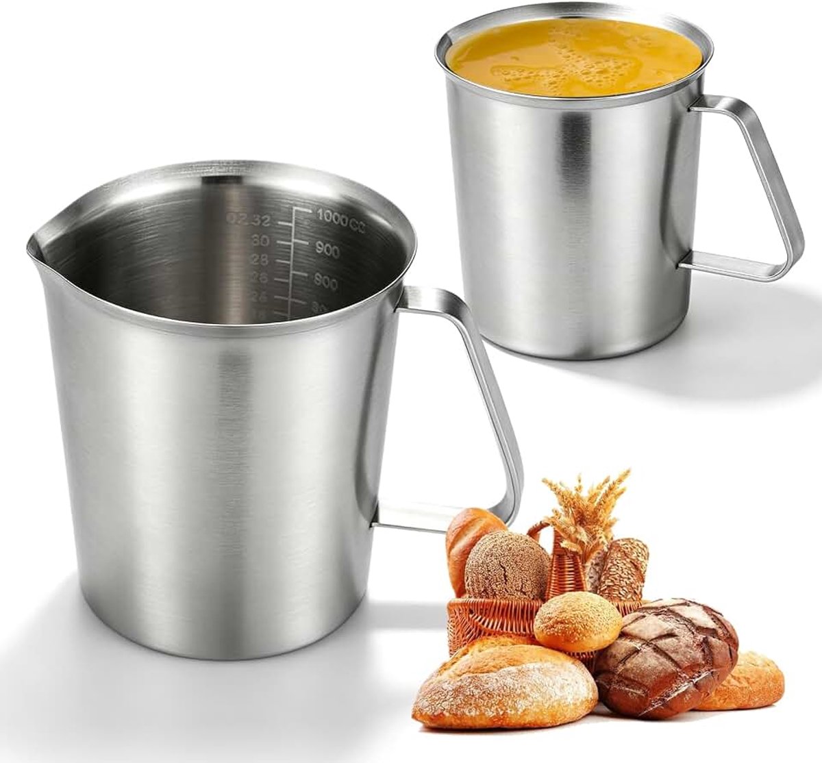 Maatbekers van roestvrij staal, 500 ml + 1000 ml, maatbekers van roestvrij staal, maatbeker met schaalverdeling voor keuken, bakken, bar, zilver