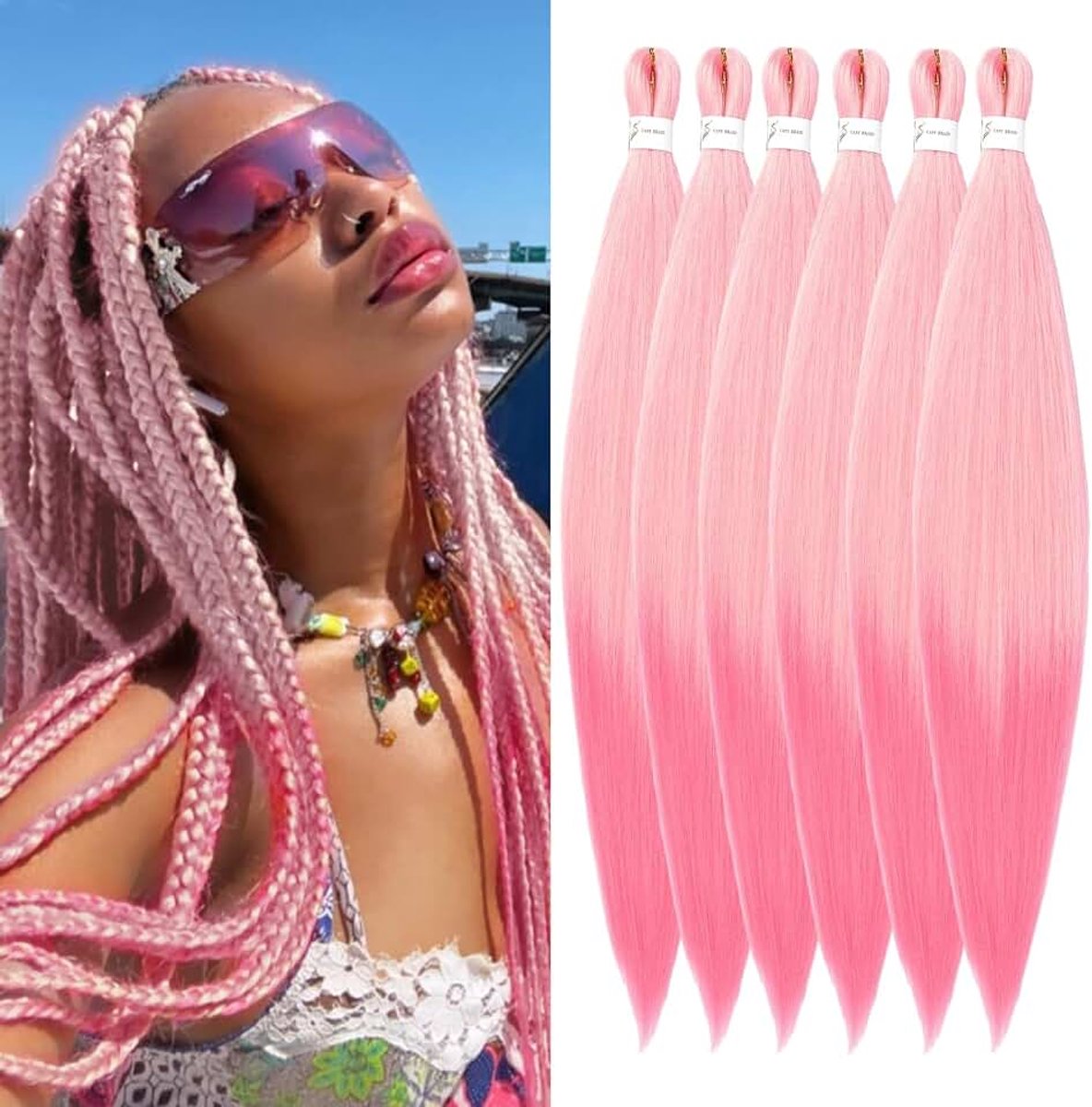 Vlechthaar 20 inch 6-pack vlechthaar voor vlechten, Yaki textuur haakhaar box braids synthetische vlechthaarextensies met heet waterinstelling (20 inch, 613-Pink#)