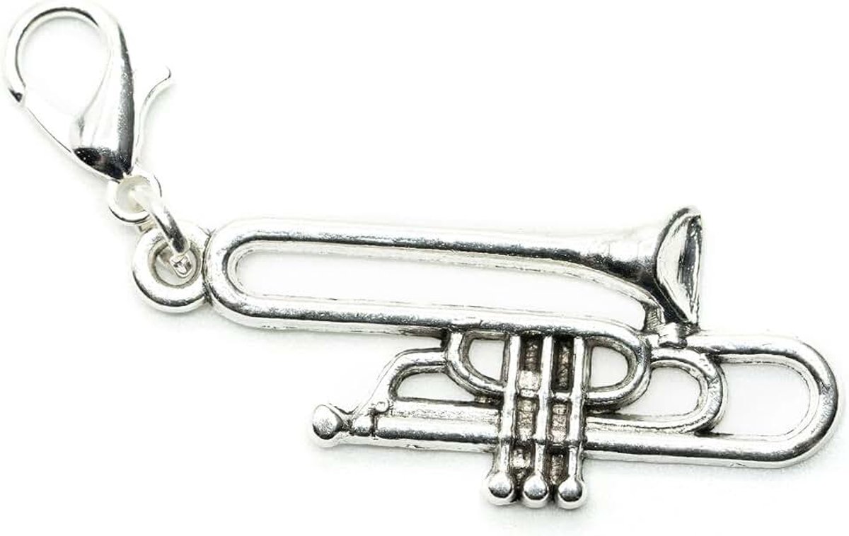 Trombone Charm Hanger Muziekinstrument Concert Blaasinstrument Zilver - Handgemaakte Mode-sieraden | Verzilverde Hanger - Bedelhanger Armband - Hanger voor Armbanden, 35mm, Metaal, niet