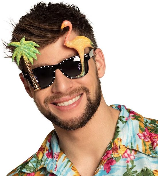 Feestbril Hawaii - Kostuumbril Tropisch - Feestelijke Outfit - Met flamingo en palmboom - One size - Zwart van Feestbril — afbeelding 4