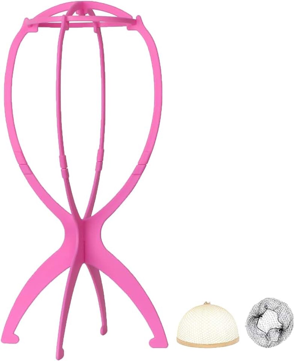 Praktische pruikenhouder, 35 cm hoog, inklapbaar, in plaats van piepschuimkop, ideaal voor het drogen van de pruik, haarstukjes met extra pruikennetjes, roze