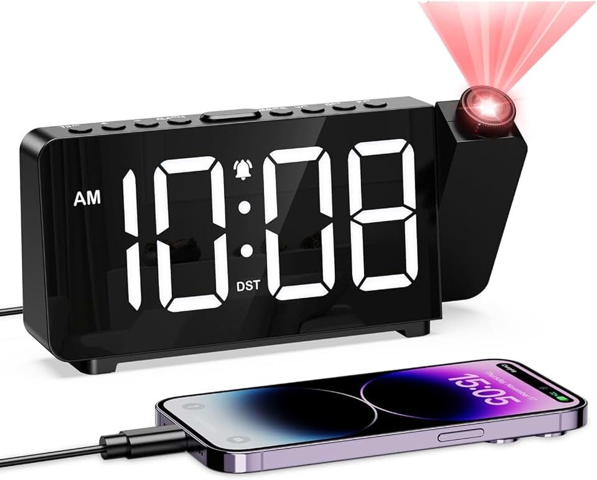 6,4 inch digitaal display en projectiescherpte-instelling, USB-poort, snooze, 12/24, DST, helderheidsinstelling voor slaapkamer, plafond, muur