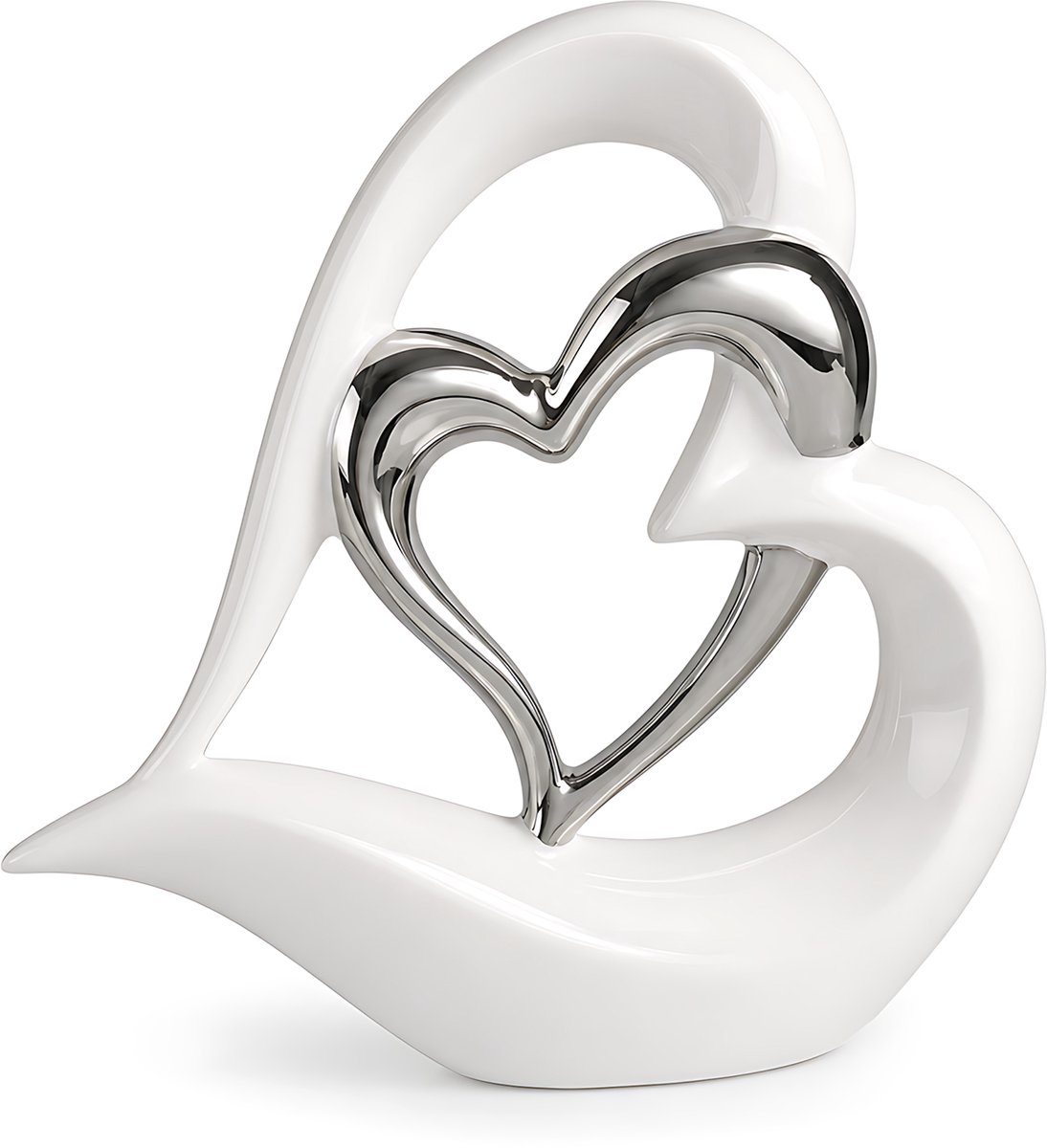 Keramieken dubbel hart decoratie - 22 x 21 x 6,5 cm - wit met zilverkleurig accent - woonbeeld en cadeau voor woonkamer, hal, kantoor en vitrinekast