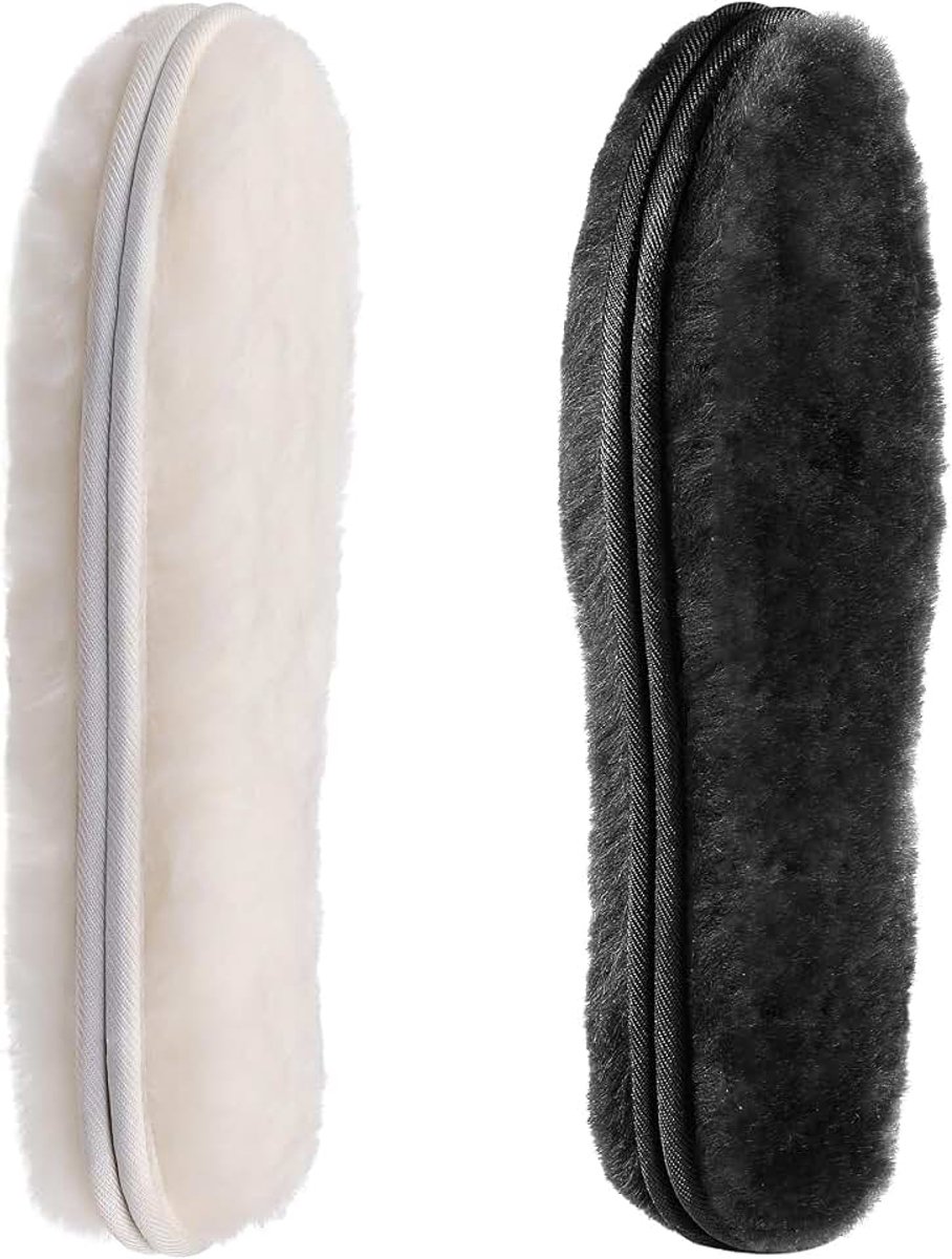 2 paar echte lamsvacht inlegzolen voor dames en heren, warme winterzolen, zachte dikke pluizige schapenwol, schoeninlegzolen voor pantoffels, laarzen, beige-zwart, 45 EU
