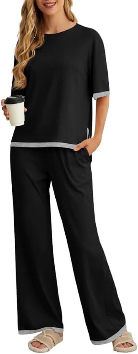 Pyjama voor dames, korte mouwen, pyjama-bovenstuk, lange pyjamabroek, tweedelig