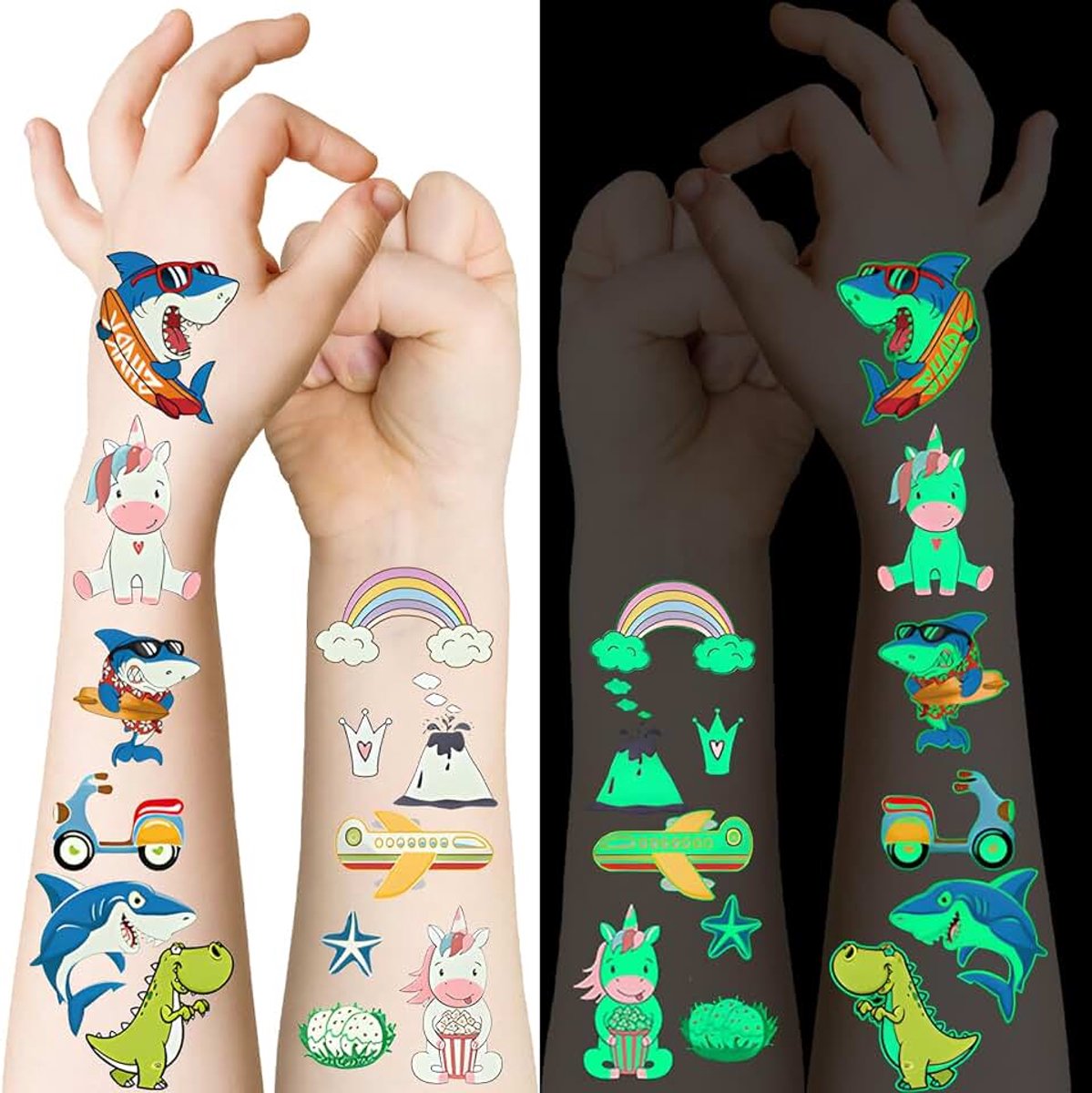 Tijdelijke Tattoos voor Volwassenen, Glow in the Dark Tattoo Stickers, Glitter Eenhoorn & Haai Nep-Tattoo Set