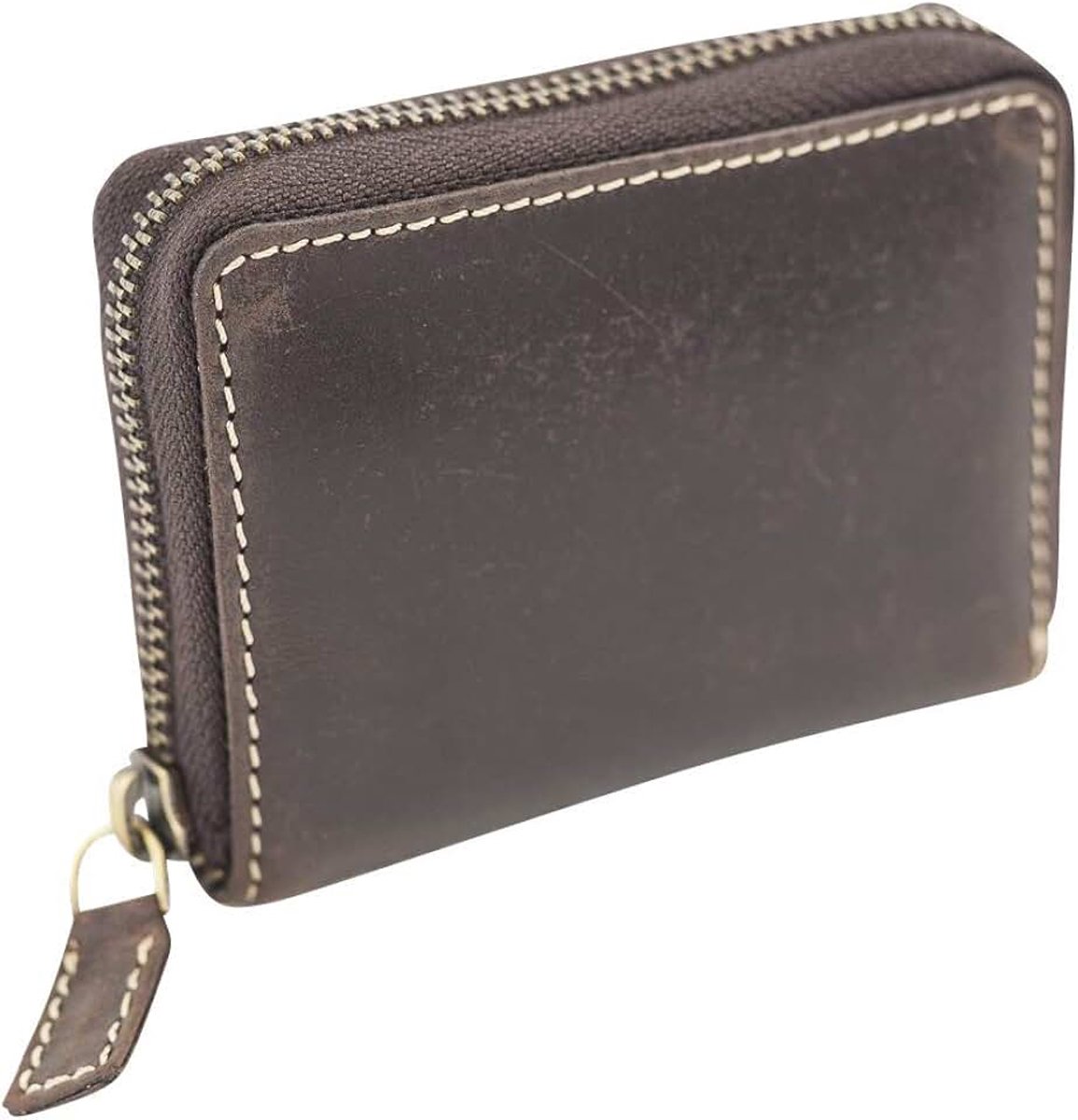 Creditcardvak met ritssluiting rondom en bankje echt leer, bruin vintage collectie