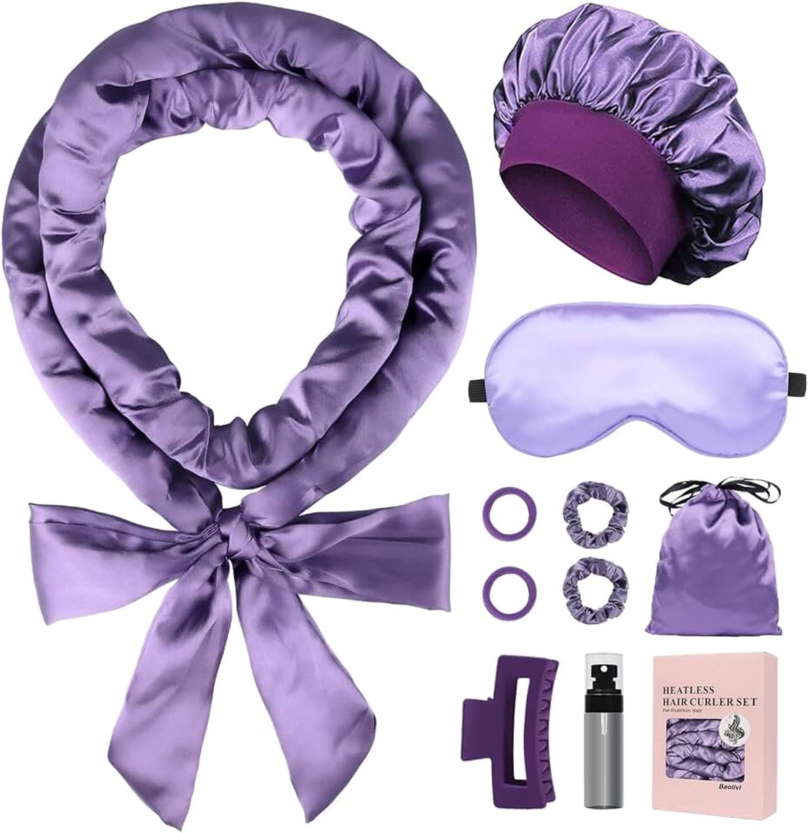 Heatless Curls Lockenwickler voor 's nachts, Zacht krulband voor krullen zonder hitte, 178 cm Heatless Curls Band Haarband, 10 stuks DIY hitte-vrije Hair Curler Set, Paars