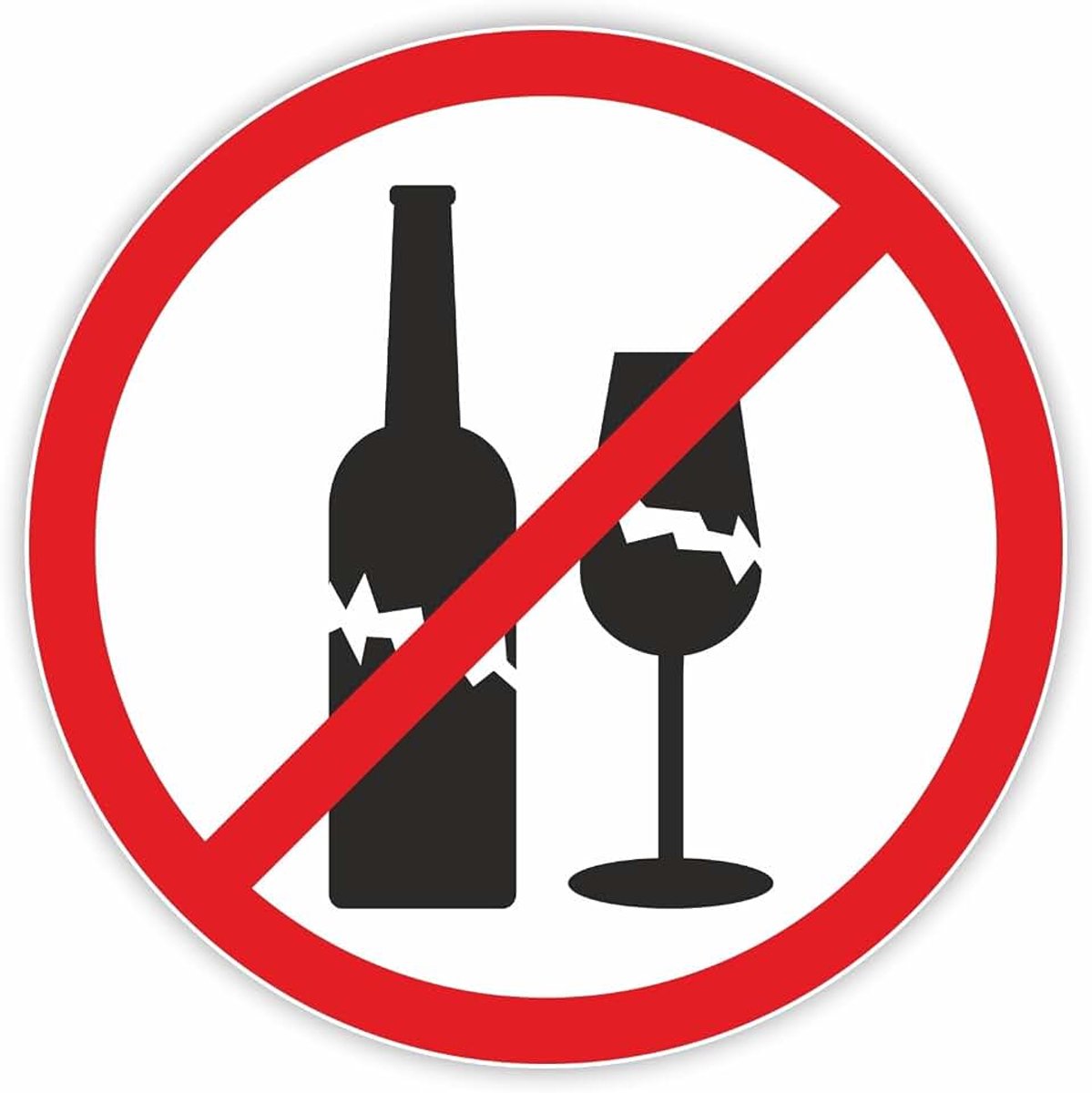 ISecur Sticker Verboden Glas Rond 20 cm Bord - hin309 | Zelfklevend pictogram tegen gebruik van glazen flessen en verpakkingen in verboden gebieden