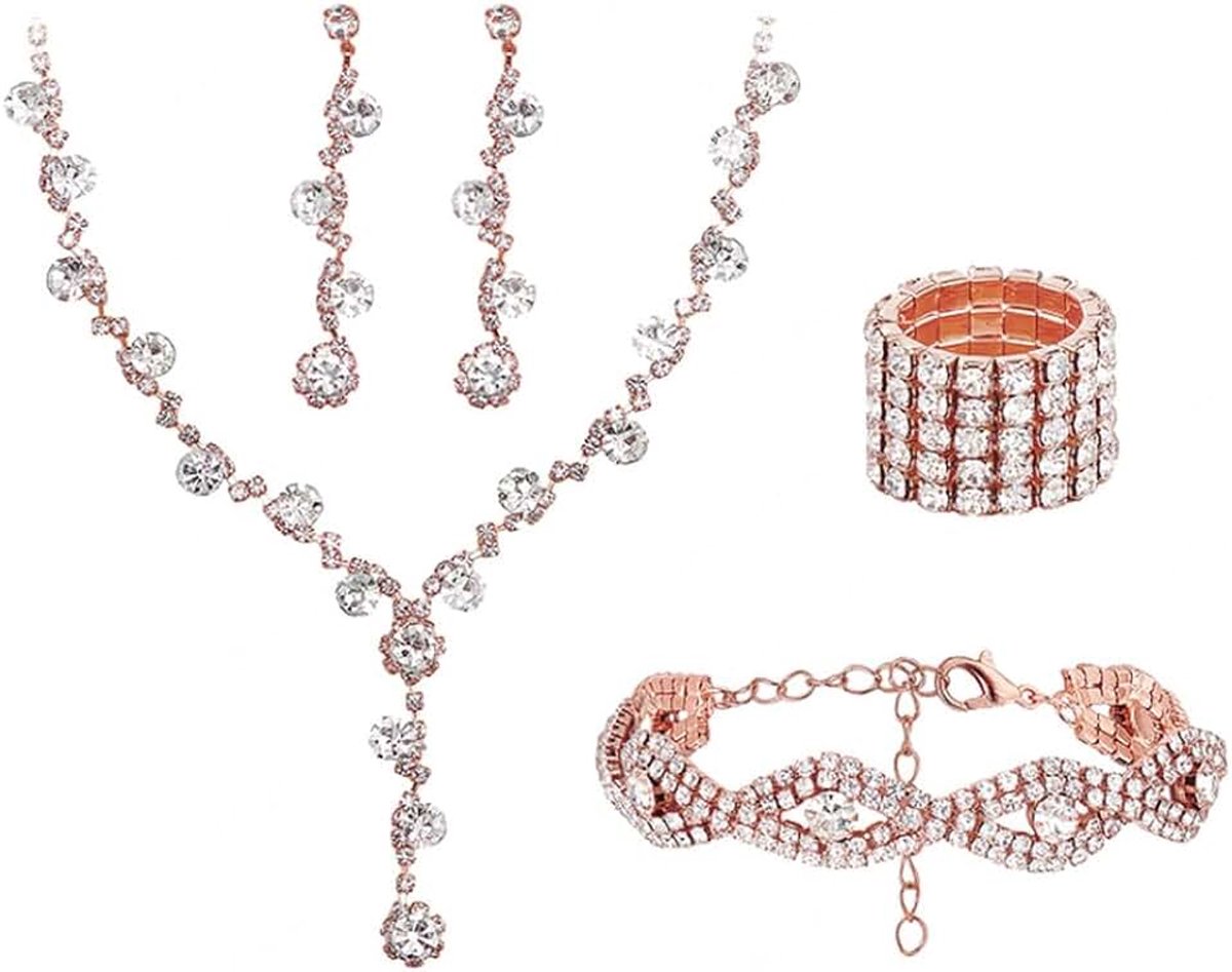 Sieradenset voor dames, halsketting, oorbellen, armband, ring, strass, goud, elegant, modesieraden, bruiloft, avond