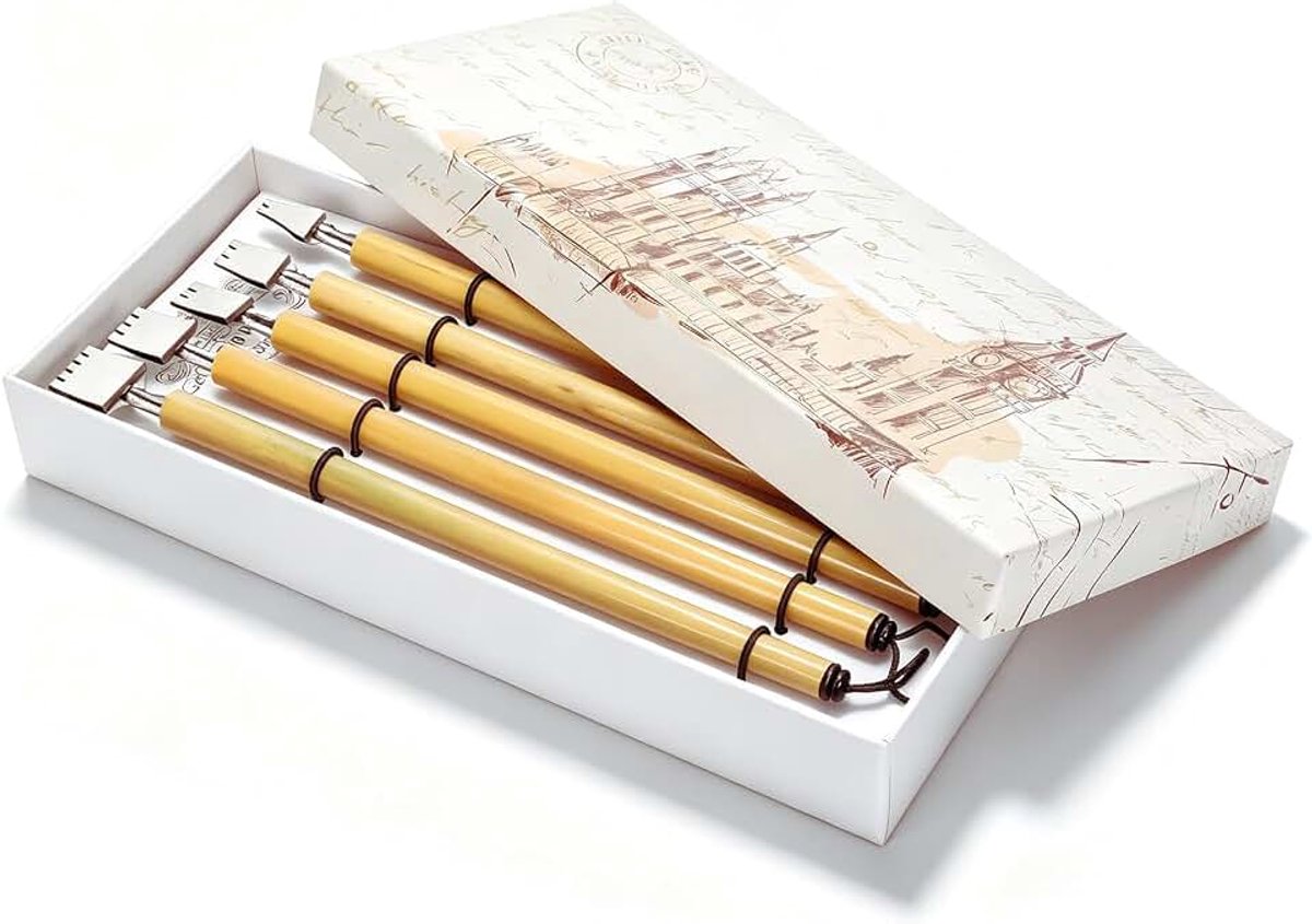5Pcs Dip Pen Set, Comic Pen Nib Set Oblique Calligraphy Dip Pen Set Vintage Steel Pen Nib with Wooden Drawing Pen Bamboo Drawing Painting Kit for Writing Painting Signing (3)