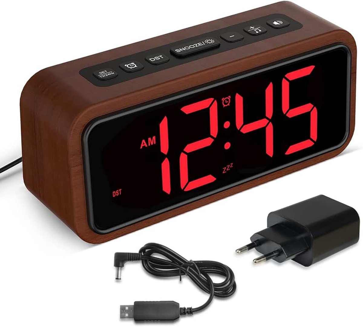 Wekker voor diepe slaap, houten wekker met led-display, 12 alarmtonen, 5 instelbare helderheidsniveaus, 5 volumes, handmatige DST, retro wekker voor slaapkamer (wit beuken)