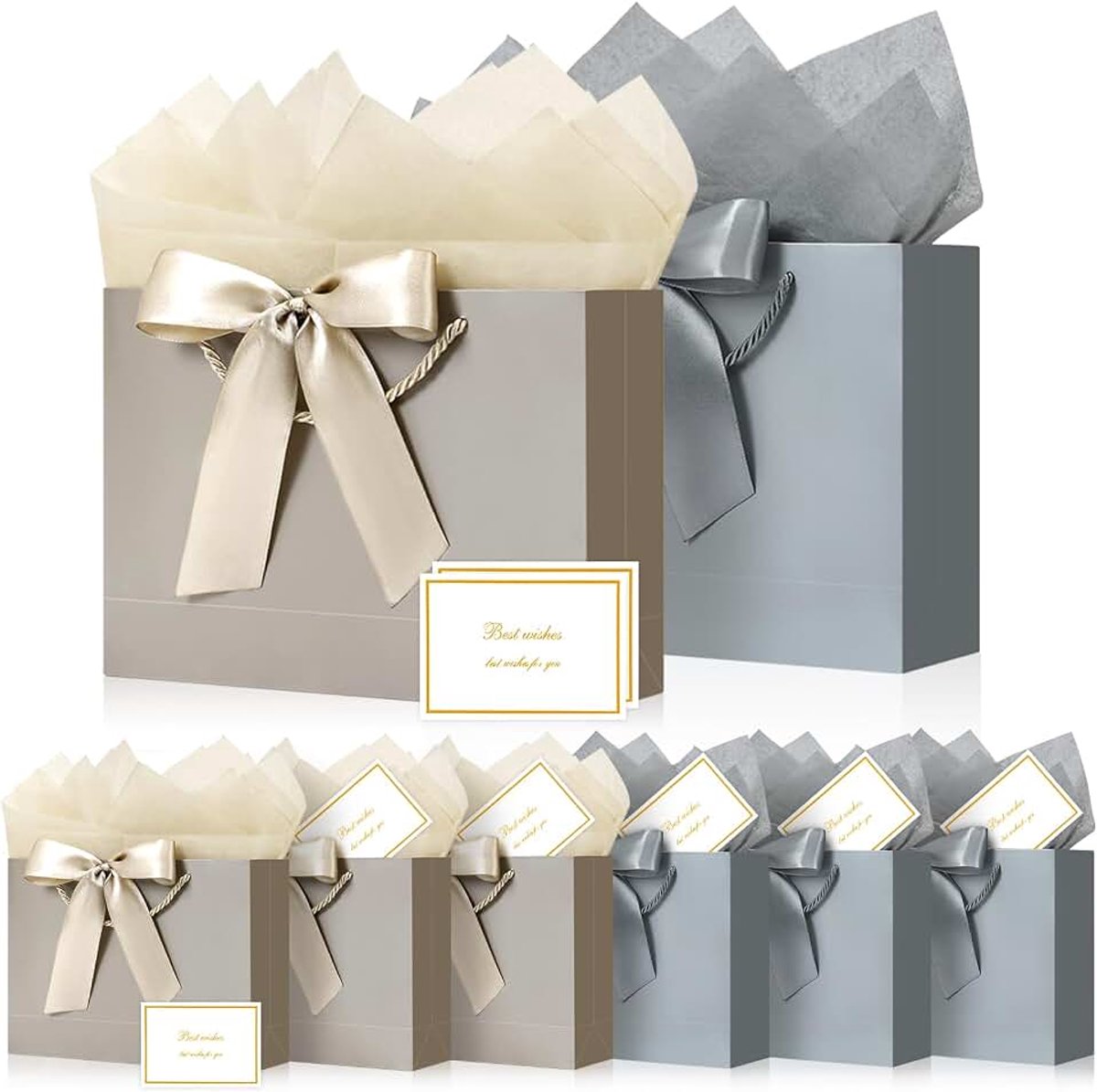 Cadeautasjes voor Geschenken - 8-pack middelgrote cadeautasjes met striklint, feestzakjes met handvatten 10 tissuepapieren en 8 kaarten voor bruiloften, verjaardag, feest, viering, kerst