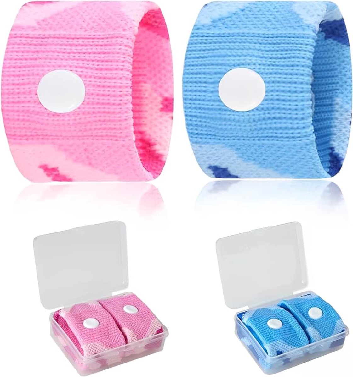2 stuks anti-misselijkheidsarmbanden voor volwassenen en kinderen, armband bij autopijn, zeeziekte en zwangerschap, elastische acupressuurbanden met draagbare doos, camouflage roze en blauw