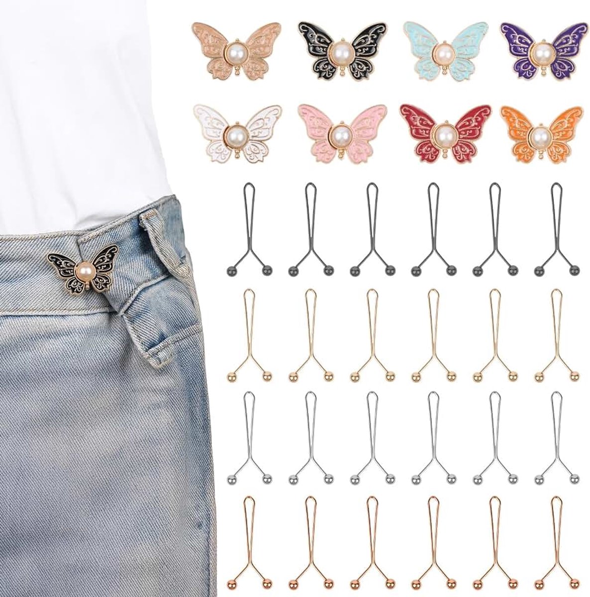 32 stuks broekbanden strakker maken & vlinderbroeken taillespanners, verstelbare legering broek strakker maken clip set voor losse jeans, T-shirts, rokken