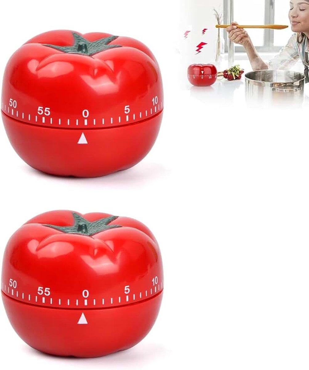 Keukenwekker, pomodoro-timer, mechanische keukenwekker, 60 minuten, eierwekker met luid alarm, korte wekker keuken, voor koken, bakken, leren en sport (tomaat)