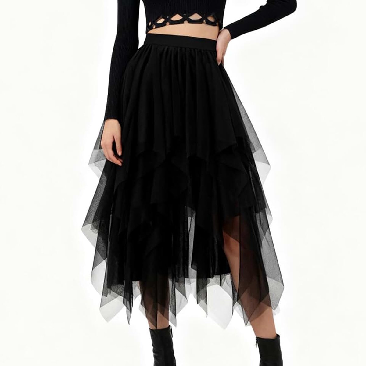 Rok voor dames, A-lijn, hoge getailleerde rok, High Low Layered Puffy rok, elegante onregelmatige tule rok, lange zomerrok, meerlaagse mesh-rok voor eindexamenbal, carnaval