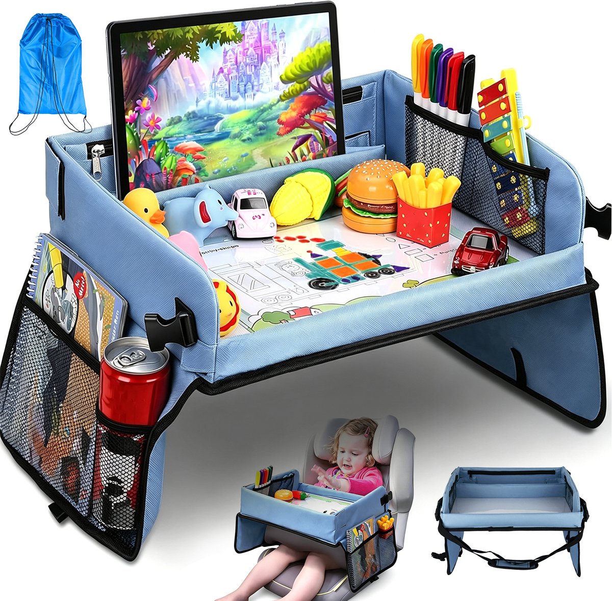 Reistafel voor Kinderen - Autotafel met Tekentafel & Tablethouder - Speeltafel Auto - 40x33 cm - Opvouwbaar - 11 Opbergvakken - Auto Organizer - Auto & Vliegtuig & Trein - Voor Reizen - Blauw
