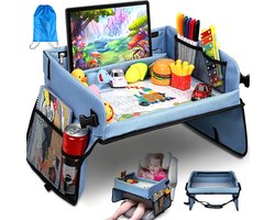 Reistafel voor Kinderen - Autotafel met Tekentafel & Tablethouder - Speeltafel Auto - 40x33 cm - Opvouwbaar - 11 Opbergvakken - Auto Organizer - Auto & Vliegtuig & Trein - Voor Reizen - Blauw
