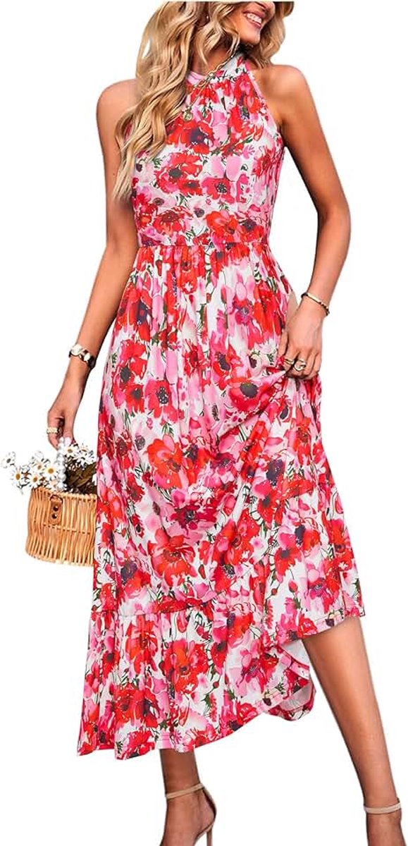 Dames 2025 Zomer Maxi Jurk Dames Bloemen Halter Hals Mouwloos Strand Lange Zonnejurk met Zakken