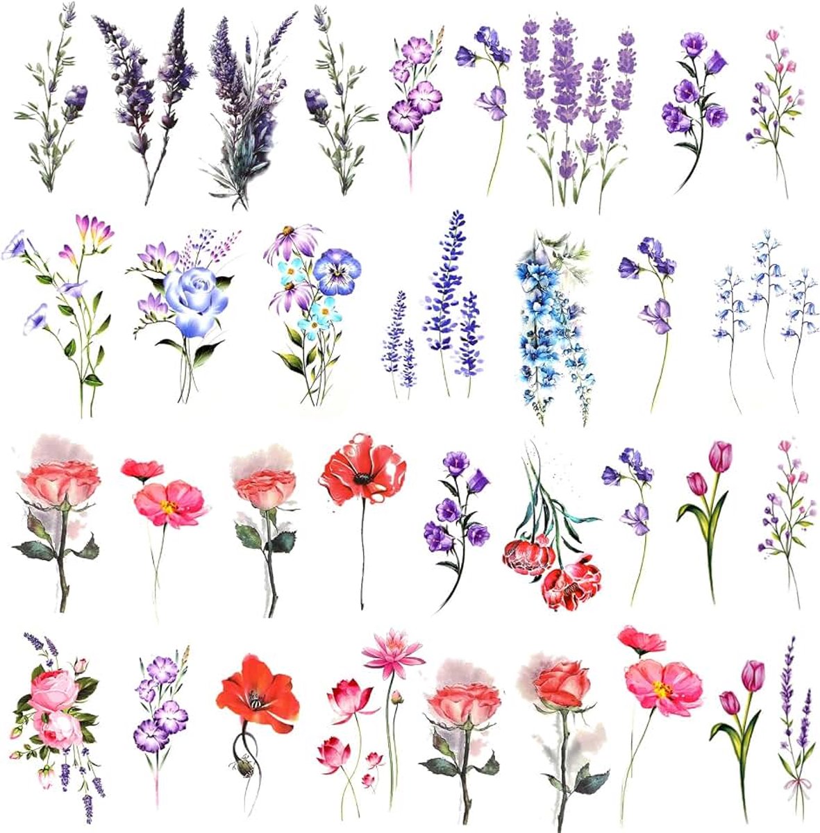 Tijdelijke tatoeages voor vrouwen, aquarel, lavendel, kunstbloemen, roos, tatoeagestickers, waterdicht, schattige tatoeages voor vrouwen, volwassenen, kinderen, gezicht, lichaam, meisjes