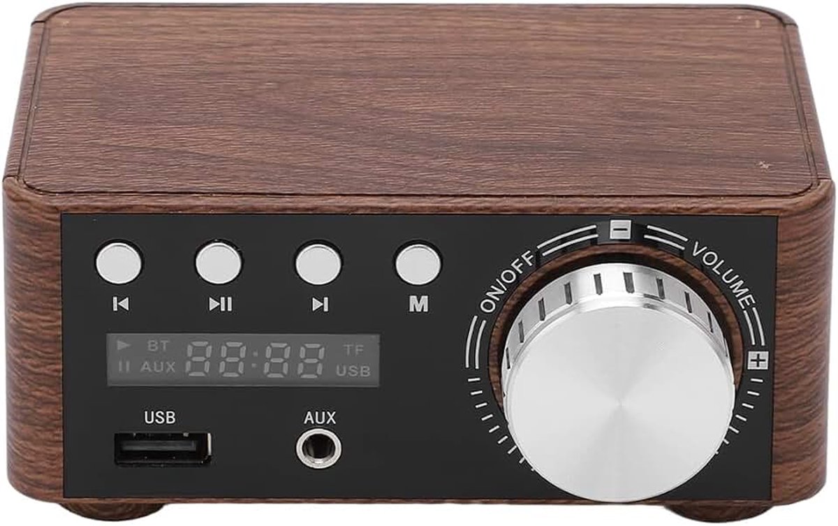 5.0 eindversterker 2 kanalen 50W met USB-ingang Mini versterker Stereo HiFi Digitaal, houtnerf