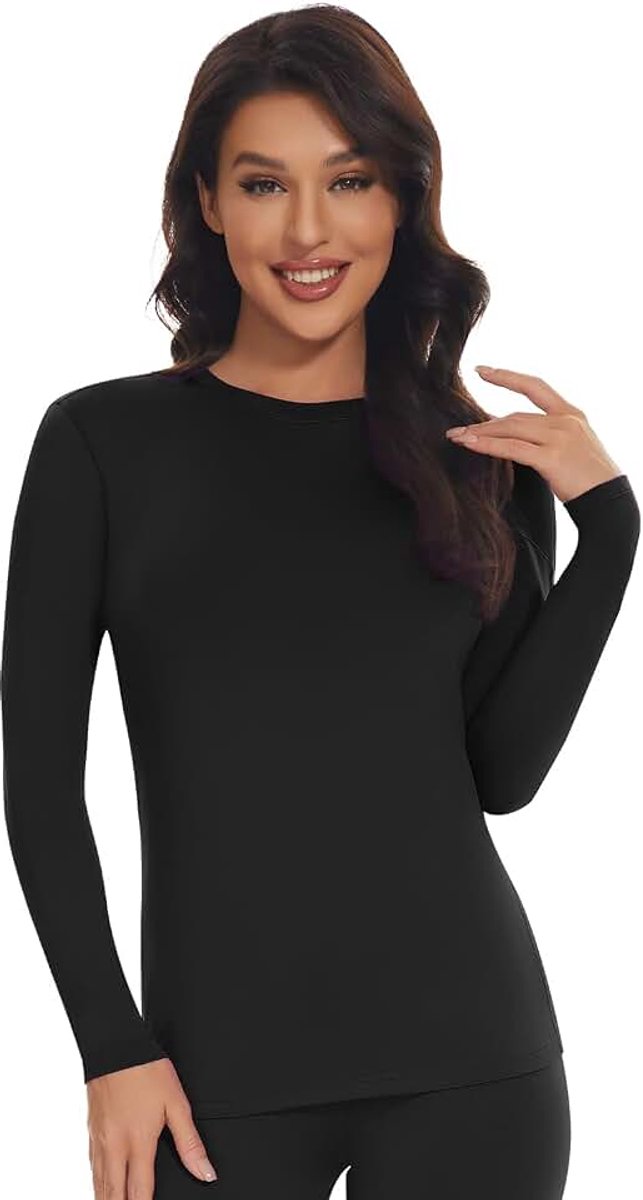 Thermisch onderhemd voor dames, thermoshirt met lange mouwen, thermo-ondergoed, warm ondergoed, winter, thermische basislaag met binnenfleece, Zwart zonder fleece aan de binnenkant, S