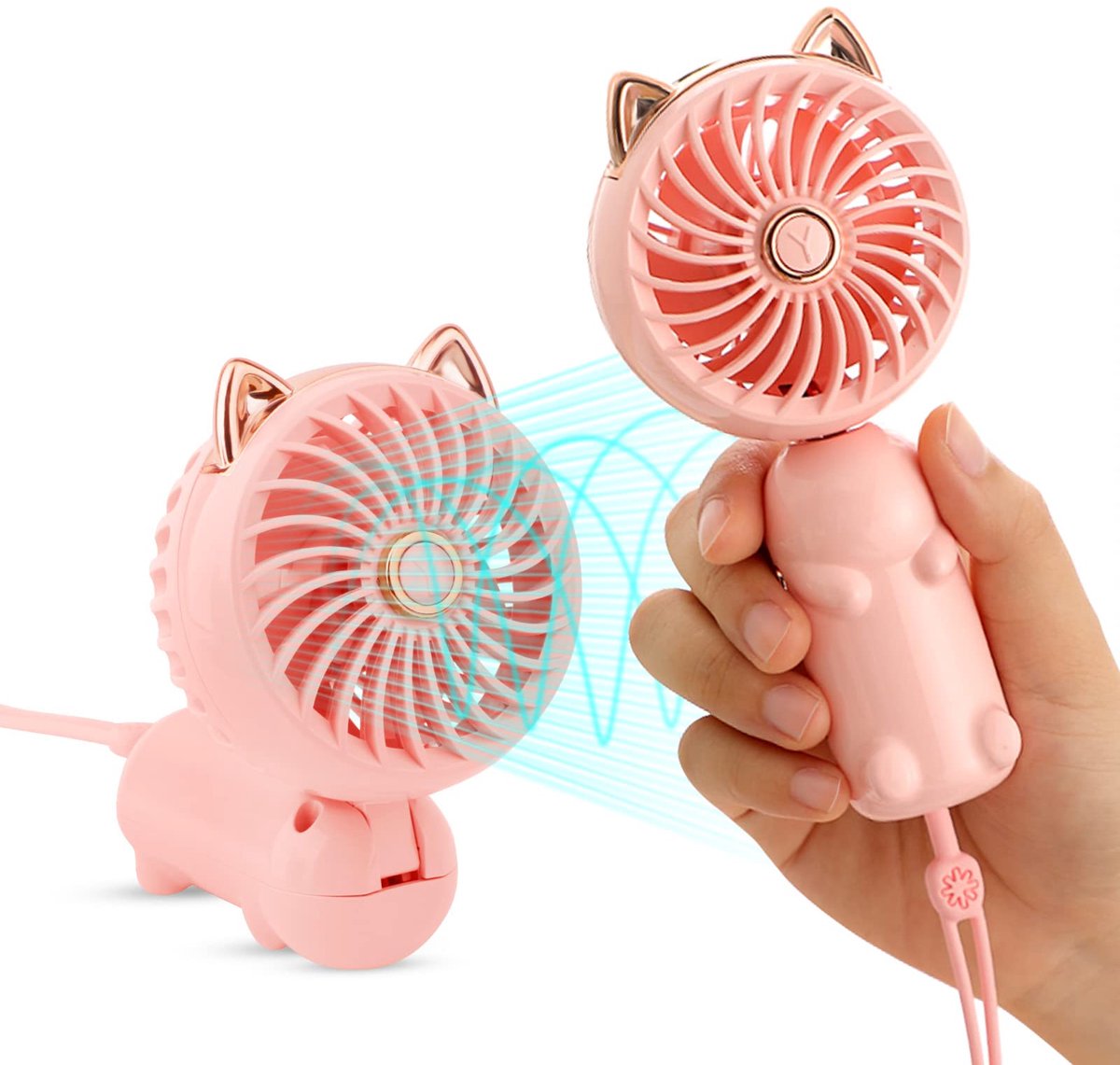 draagbare mini-ventilator - kleine schattige persoonlijke elektrische ventilator voor buiten - geschikt voor meisjes/vrouwen/kinderen - oplaadbaar via USB - 7*4.5*14.5 cm - roze
