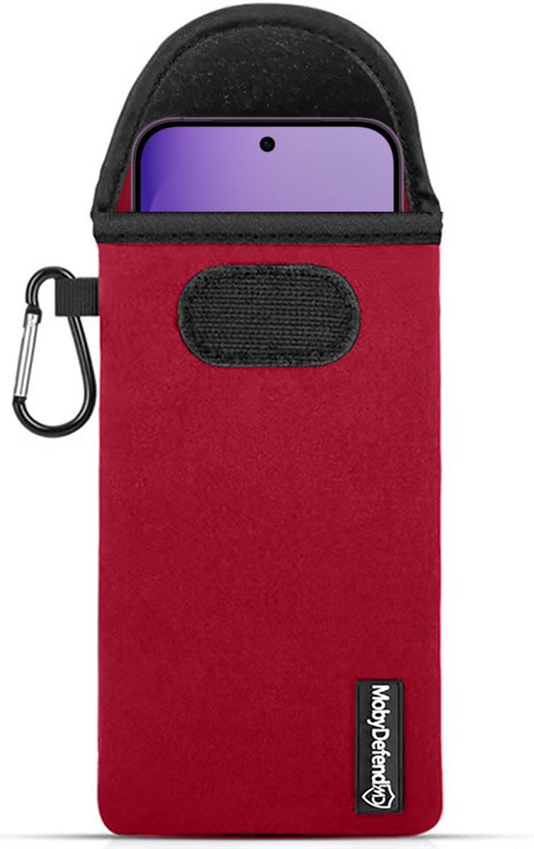 MobyDefend Hoesje - Geschikt voor Oppo Reno16 - Neopreen Pouch Met Karabijnhaak - Insteek - Riemlus - Rood