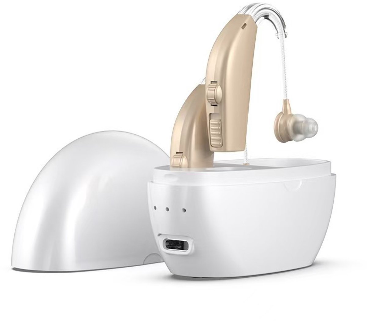Geluidsversterker, hoofdtelefoon in hangende stijl, oplaadbare hoofdtelefoon met oplaadkoffer, eenvoudige bediening, ergonomische pasvorm - beige - 2 stuks