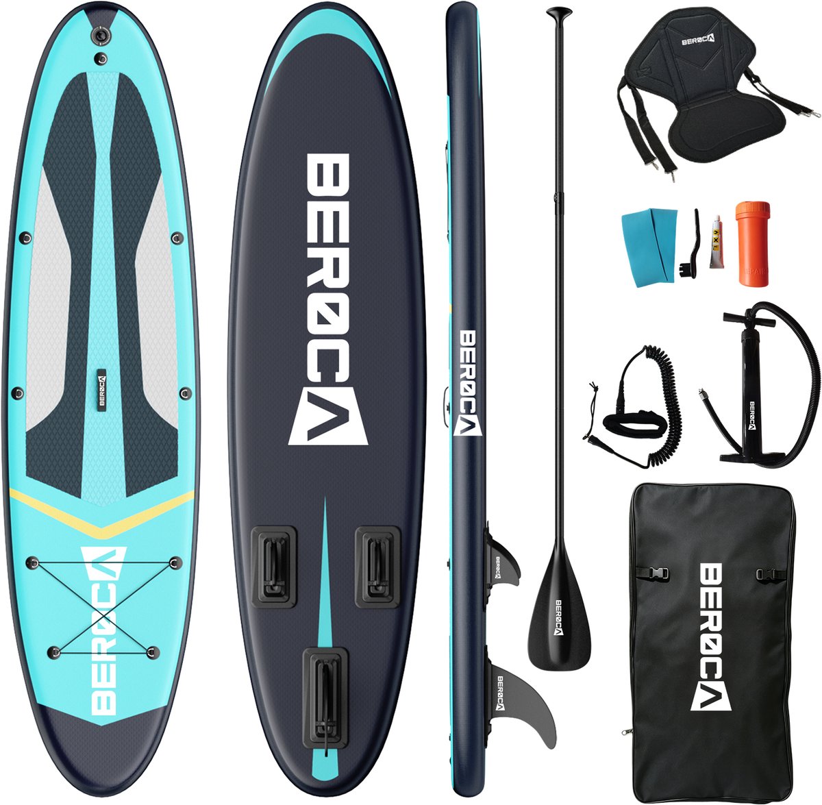 BEROCA SUP Board - met Zitje - Opblaasbaar Paddle Board - Complete Set - 320x81cm - Max. 160 kg-Blauw zwart