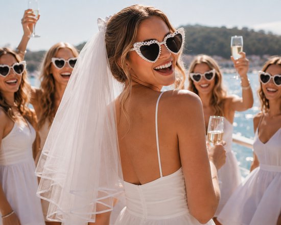 Bruid met witte hartvormige zonnebril "BRIDE TO BE" en sluier, lachend met vriendinnen.
