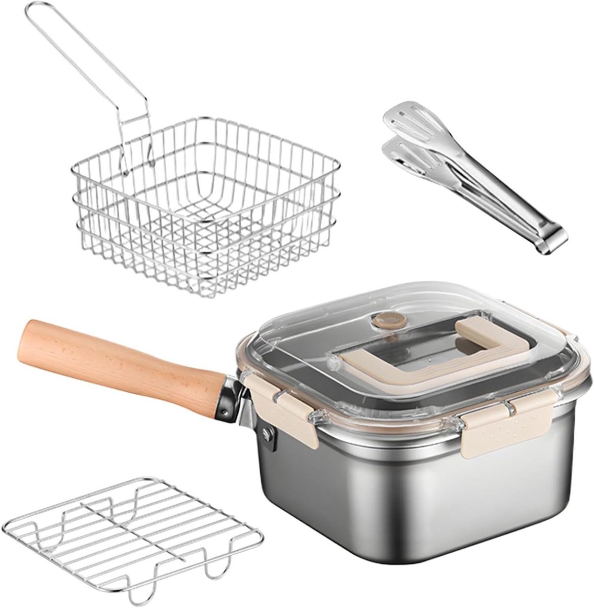 Kleine Frituurpan - Draagbare Friteuse - Buiten Koken - Met Mandje - 23 x 23 x 12 cm - Zilver