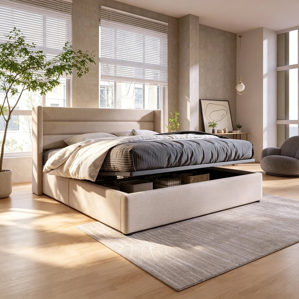 Opbergbed Gestoffeerd Bed 160x200 cm met Opbergruimte en Lattenbodem – Modern Tweepersoonsbed met Hydraulische Bedbox en Linnen Hoofdbord - Zonder Matras