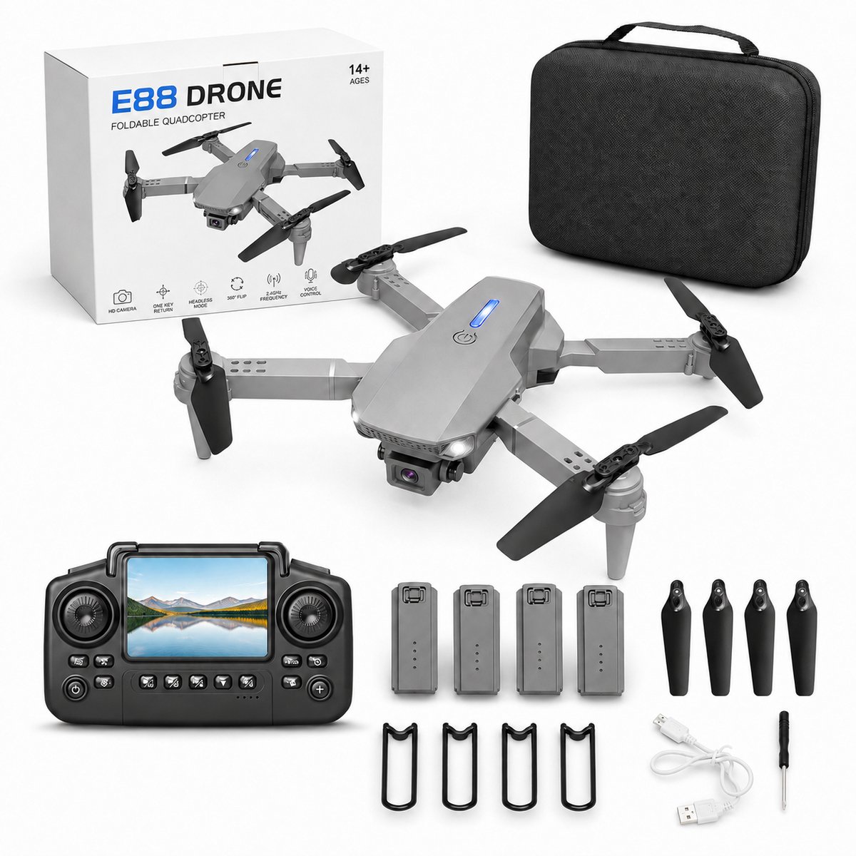 Gloovon® Drone met Camera - Controller met Scherm - 4K HD Dual Camera - 4 Accu's - 72 min Vliegtijd - Inklapbaar - Grijs