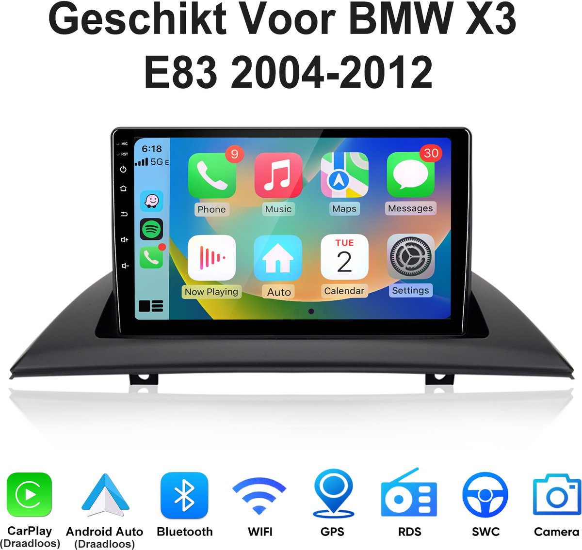Junsun Android 15 Autoradio Geschikt Voor BMW X3 E83 2004-2012 Accessoires - Draadloze CarPlay met bluetooth, Stuurwielbediening - GPS-Navigatie - Bluetooth - 9 inch Touchscreen - DSP - WiFi - RDS - USB