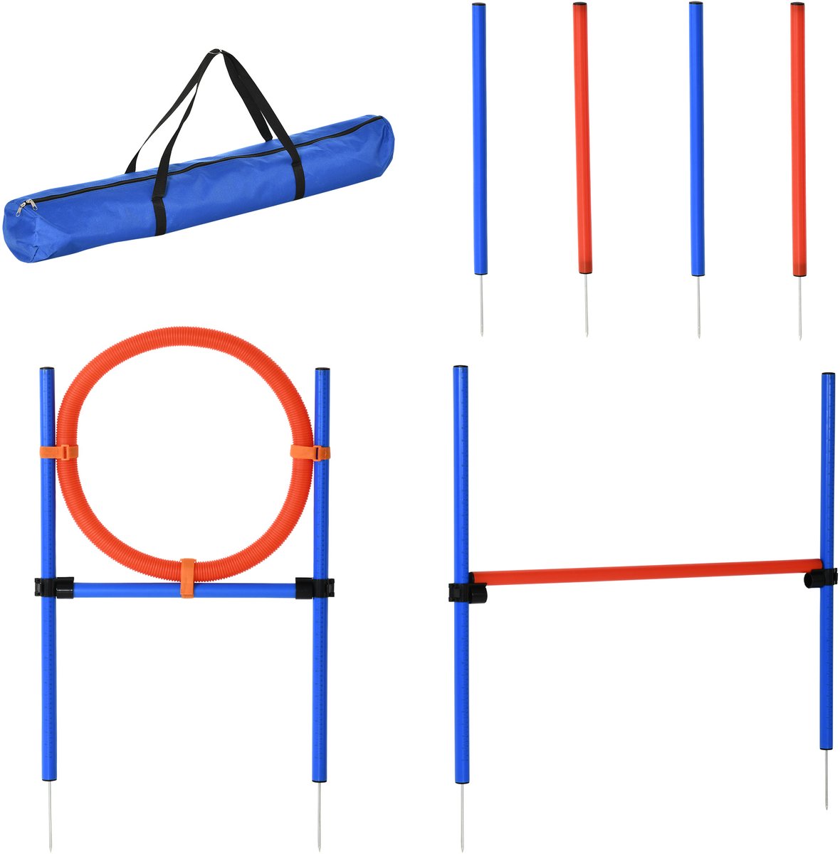 Agility-trainingsuitrusting voor honden - 11-delige set opbstructies en trainingsapparatuur - obstakelpad voor puppy's - in hoogte verstelbaar - roodblauwe stalen handtas