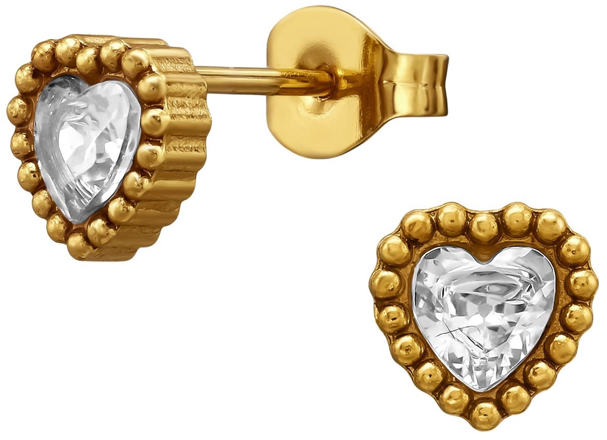 Joy Ibiza - hartje oorbellen met zirkonia - chirurgisch staal - 6.5 mm - dots bewerkt randje - ip/pvd gold plated