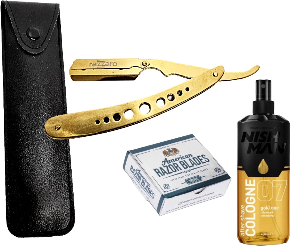 Razzaro Razor + 100 American Razor Blades Gold + Nishman Aftershave Gold One 400ml | Nat Scheren | Aftershave | Verfrissend