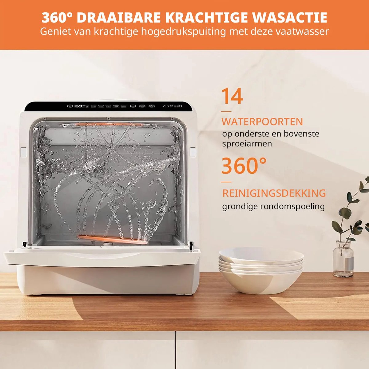 AIRMSEN Mini Vaatwasser - Met 5L Watertank - Zonder Vaste Wateraansluiting - 5+1 Programma's - 4 Couverts - Vrijstaande Afwasmachine - Wit/Zwart thumbnail 4