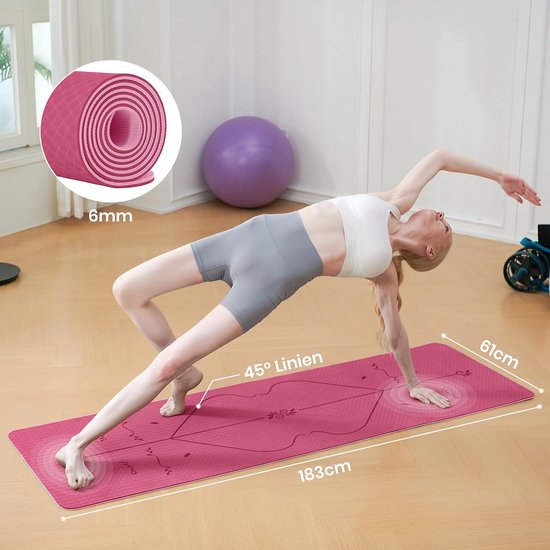 Yogamat - Sportmat Pilates - Thuis Fitness - Oriëntatielijnen Systeem - 183 x 61 cm - Roze van Yogamat — afbeelding 3