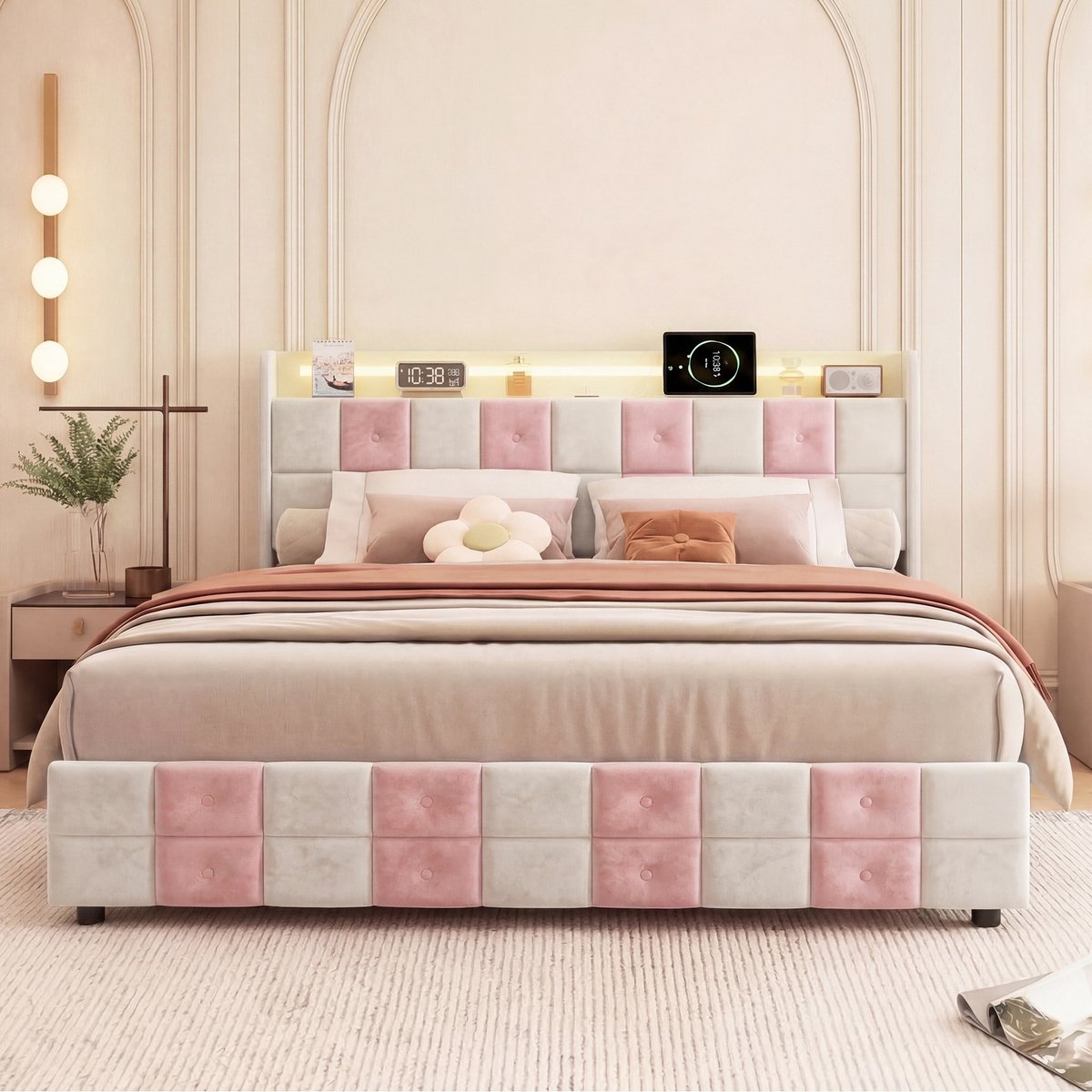 ROSAHQNDA Volwassen bed 140x190 cm, tweepersoonsbed met led verlichting en usb aansluiting, fluwelen bed met 4 lades, gestoffeerd bed wit roze ruitpatroon, zonder matras Wit + roze