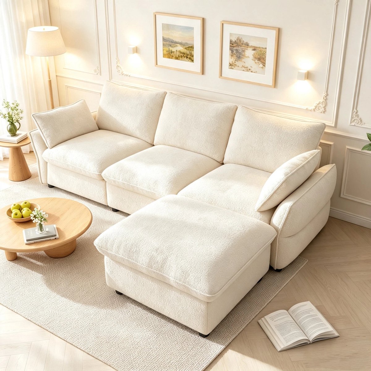 Moderne Hoekbank, L-Bank Met Hocker (Inclusief 1 Kruk), 3-Zits Bank Van Chenille, Geschikt Voor Woonkamer, Appartement En Eenpersoonshuishouden, Donkergroen, 222,5 X 154,5 X 76,5 cm-Beige
