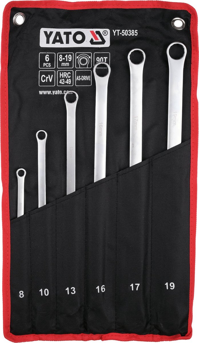 6-Delige Extra Lange Ring-Ratel-Sleutelset – 90-Tands Ratelmechanisme – Chrome-Vanadium Staal – AS-Drive Profiel – Maten 8 t/m 19 mm