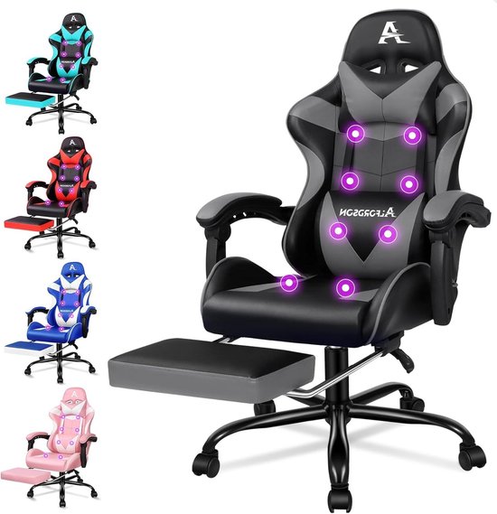 Ergonomische Gaming Massage Stoel met Hoofdsteun en Opvouwbare Voetensteun - In Hoogte Verstelbare Bureaustoel - Draagvermogen 180 kg - Grijs van Merkloos — afbeelding 2