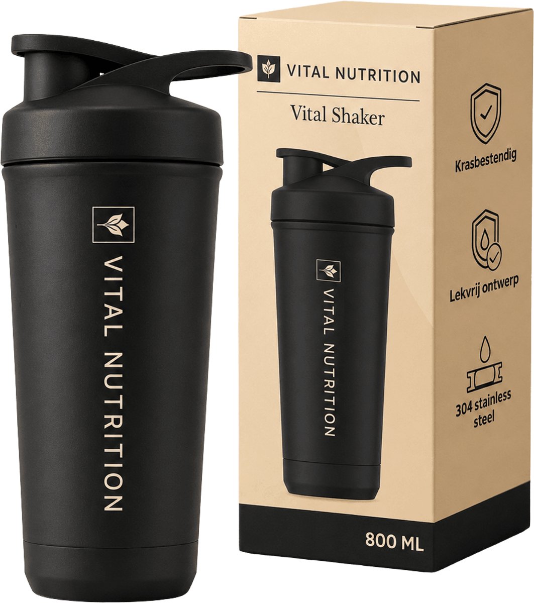 Vital Nutrition RVS Shaker 800 ml - Shakebeker met Mixelement - 304 Roestvrijstaal - BPA vrij - Zwart