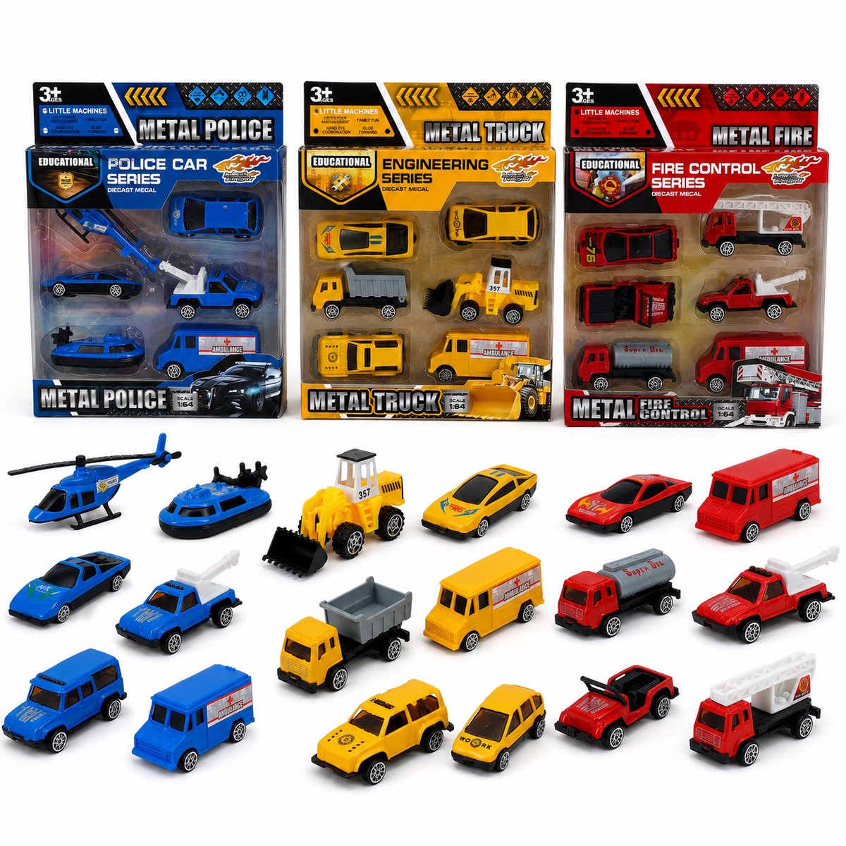 Diecast - autoset – 18 voertuigen – Politie, brandweer en bouw – Freewheel – 6 tot 8 cm