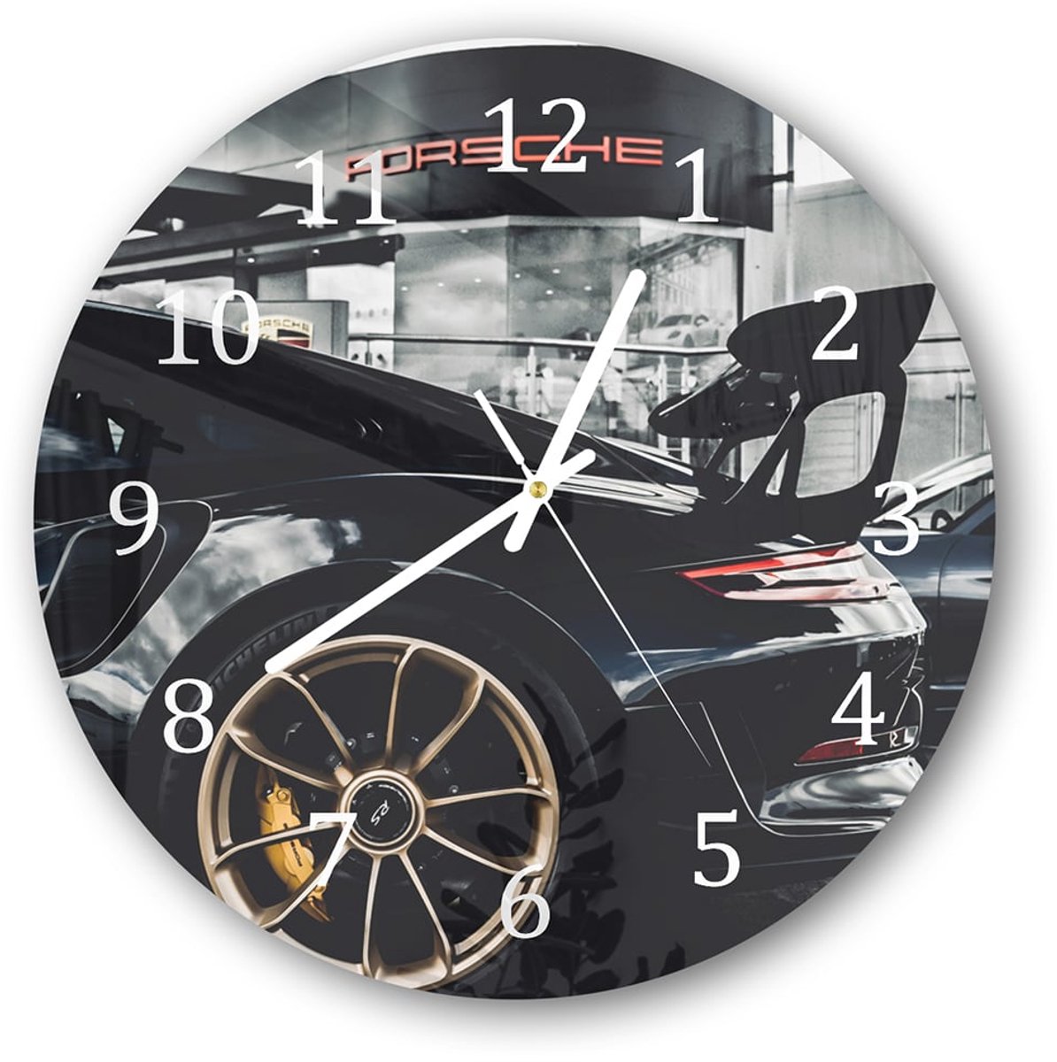 Mydesignglas Grote Glazen Wandklok XXL - Wandklok Rond 30cm - Gehard Glas - Porsche GT3 RS Wit - Stille Klok voor Woonkamer & Keuken - Modern Design