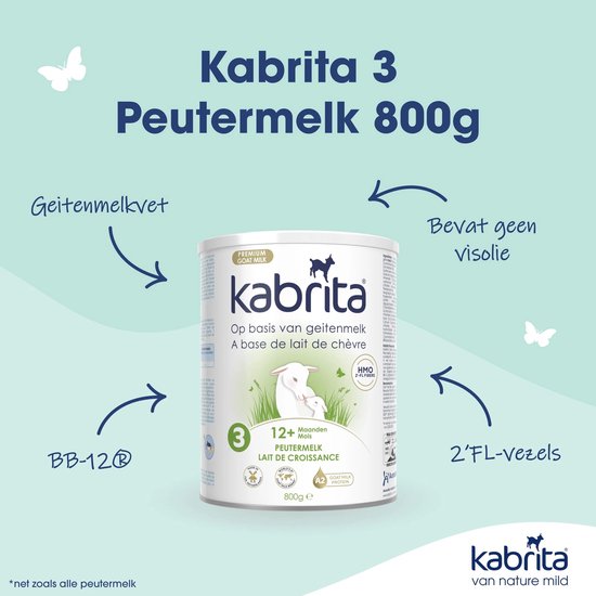 Kabrita 3 peutermelk 800g op basis van geitenmelk met babygeitjes illustratie. Met uitleg over geitenmelkvet, BB-12, HMO 2'-FL vezels en visolie.