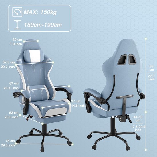 Ergonomische Stoel - Comfortabele Bureaustoel - Langdurig Zitten - Verstelbare Rugleuning - 150-190 cm - Blauw — afbeelding 2